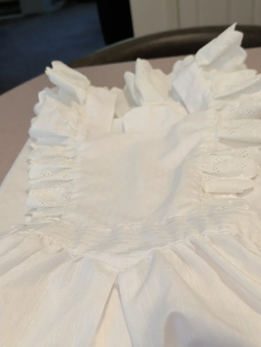 Hand Made White Eyelet Ruffle Apron with Waist Tie and Heart Button